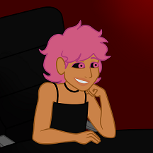 Digital art of Salem sitting at a round black table, looking to the side with a grin while resting his chin on one fist. He's a synthetic humanoid with an athletic build, light brown skin, fluffy pink hair, and pink irises on black sclera. He's wearing a black camisole and a thin black choker necklace.