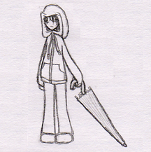 Pencil sketch of Satellite holding a closed umbrella with a dismayed expression. She's a human with dark hair partially in her face under the hood of a loose hoodie.