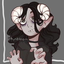 Picrew digital art of Saturn grinning and making a playful clawing gesture with both hands. She's an undead humanoid creature with pale gray skin, dark gray eyes, sharp teeth, pointed ears, curled off-white horns, and long curly black hair. She's wearing a black hoodie and a thin black choker necklace.