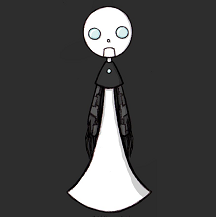 Digitally-colored sketch of Servant. He's a genderless possessed puppet with a round white head and round glass eyes. He's wearing a black and white acolyte-esque outfit, with arms made out of dark gray rags stitched together, and black fingers like cockroach legs.