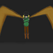 Digital art of Sienna hugging herself while suspended in the air by two giant orange arms extending from her back. She's a human with pale skin and short blonde curly hair in pigtails. She's wearing a black cap, brown boots, brown pants, and a green hoodie.