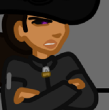 Digital art of Solitaire folding her arms with an irate expression. She's a human with light brown skin and dark brown hair in a bushy ponytail. She's wearing a faded black straitjacket-style top, and goggles around the base of a black top hat.