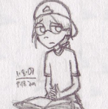 Pencil sketch of Sophie sitting with a book in her lap, fidgeting with her fingers and looking to the side worriedly. She's a human with her hair in a braid. She's wearing round glasses, a backwards baseball cap, a T-shirt, and pants.