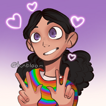 Picrew digital art of Sparkle making peace signs with a grin. She's a human with light brown skin, purple eyes, and long bushy dark brown hair in a ponytail. She's wearing a rainbow-striped sweater.