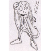Pencil sketch of Sparks holding his head and looking distressed. He's a synthetic elastic lagomorphoid with lines and triangular patterns across his body.