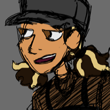 Digital art in a sketchy style of Starla glancing to the side with an amused expression. She's a human with light brown skin, dark hazel eyes, and dark brown pigtails with platinum blonde chunks. She's wearing a gray cap, with a black camisole and a thin black choker necklace under a long-sleeved mock-neck mesh top.