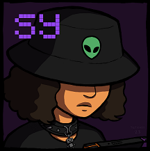 Digital art of Sy looking mildly irked. She's a teenaged human with light brown skin, dark hazel eyes, and dark curly hair just above her shoulders. She's wearing a black hoodie and standing in front of a curved gray brick wall.
