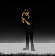 Digital art of Tahni standing in a dark environment with glowing white floors as far as the eye can see. She's a human with light brown skin and short dark brown curly hair in a bob. She's wearing a thin black choker necklace, a black T-shirt, black socks, and black leggings.