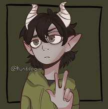 Hunbloom Picrew of Tevien making a peace sign gesture with a troubled expression. He's a troll with light gray skin, pointed ears, gray eyes, shaggy short black hair, and two small gray horns. He's wearing glasses, a green hoodie, and a black shirt.