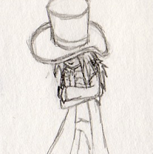 Pencil sketch of Thirteen hugging herself with her head down, obscured by the brim of her top hat. She's a human with long hair in a bushy ponytail. She's wearing a long coat, plain pants, and an 1800s-style shirt.