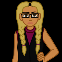 Digital art of Vallery looking toward the camera indifferently with one hand on her hip. She's a human with light brown skin, dark hazel eyes, and long hair in two thick elbow-length braids across her chest. Her hair is blonde with dark brown roots, and she's wearing black rectancular glasses with a black vest over a sleeveless dark pink mock-neck top.