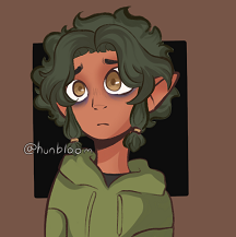 Picrew digital art of Vandal looking worried. He's a humanoid familiar with light brown skin, hazel eyes, pointy ears, and short dark green curly hair. He's wearing a black shirt under a green hoodie.