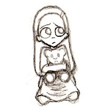 Pencil sketch of Vee sitting on her knees with a worried expression and hugging a teddybear. She's a human with long hair wearing a short-sleeved knee-length dress.