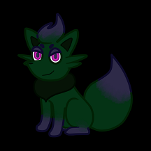 Digital art of Vharia sitting and looking at the camera with a smile. She's in a furry fox form that looks like a cross between a Zorua and an Eevee in shades of green, with purple accents and dark pink eyes.