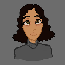 Digital sketch of Viper glancing upward. She appears as a human with light brown skin, dark hazel eyes, and dark brown hair in a curly bob. She's wearing a gray turtleneck and has dark circles under her eyes.