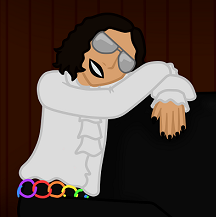 Digital art of Wiley sitting on the arm of a black couch and leaning on the back of it. He's a vampire with pale brown skin, pointy black nails, and dark brown hair in loose chin-length curls. He's wearing silver reflective aviator shades and black lipstick, along with a white 1800s-style shirt and a belt made of interlinked glow bracelets.
