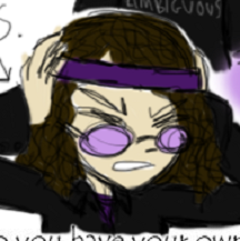 Digital sketch of Zinnia holding her head with a grimace. She's a human with light brown skin and curly shoulder-length dark brown hair. She's wearing a black long=sleeved button-up shirt, a purple headband, and purple-tinted oval glasses.