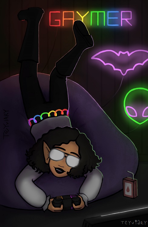 Digital painting of Wiley, a member of the Teyviary Collective. He's a vampire with light brown skin and dark brown curly hair around his shoulders, lying flopped across a purple beanbag chair on his stomach with his legs in the air, while playing a Nintendo Switch. He's wearing an 1800s-looking white shirt, black skinny jeans, and black knee-high boots, along with a belt made of linked round glow bracelets. His aviator shades reflect glowing white light from the screen. Nearby is a red and white juice box with an image of a blood droplet on it. On the dark brown wooden wall in the background, three glowing neon signs are visible. The one closest to the bottom is a green alien head with purple eyes. The middle one is a purple bat. At the top is the word GAYMER spelled in rainbow neon letters. Wiley's naturally black lips form a smile that shows one of his fangs peeking out.